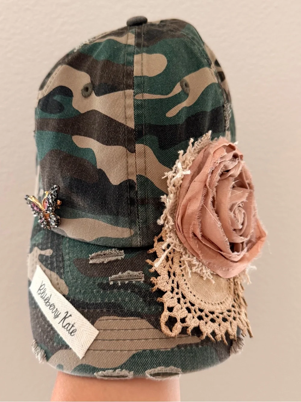 New KBETHOS Camo Baseball Cap with Blush Rose & Lace Decorated by Blueberry Kate
